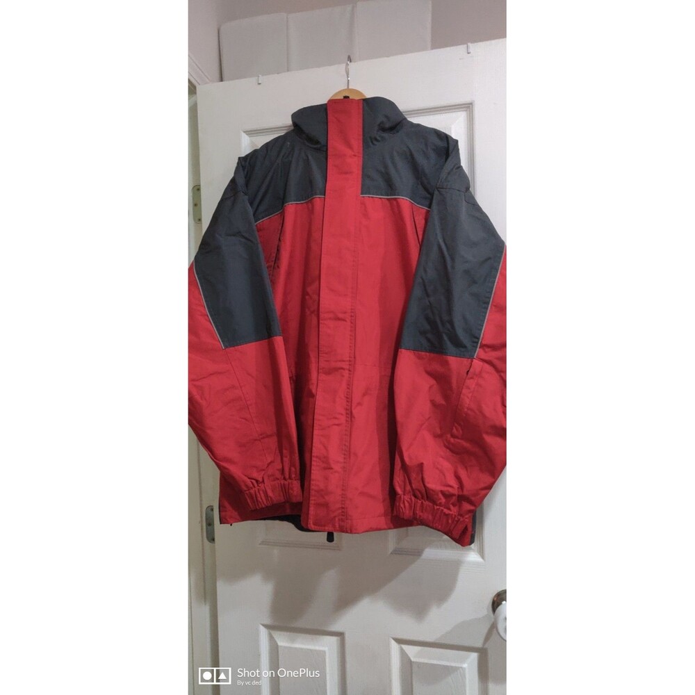 Men's Red/Black Colorblock Hooded Jacket, Zip Front, XL, Mid-Length